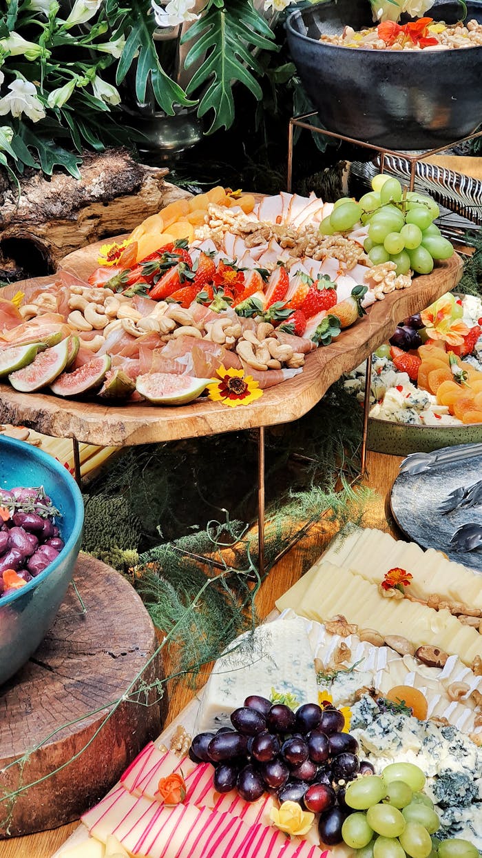 Buffet Table with Fresh Fruits and Meat